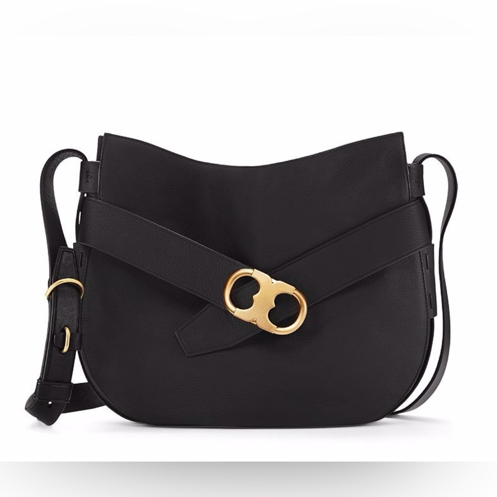 Tory Burch Gemini Link Crossbody Black Pebbled Leather Gold “T” Logo Hardware